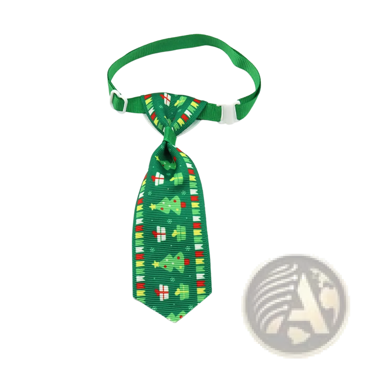 Green adjustable Christmas dog tie with festive tree and gift patterns on dark green fabric for holiday pet neckwear