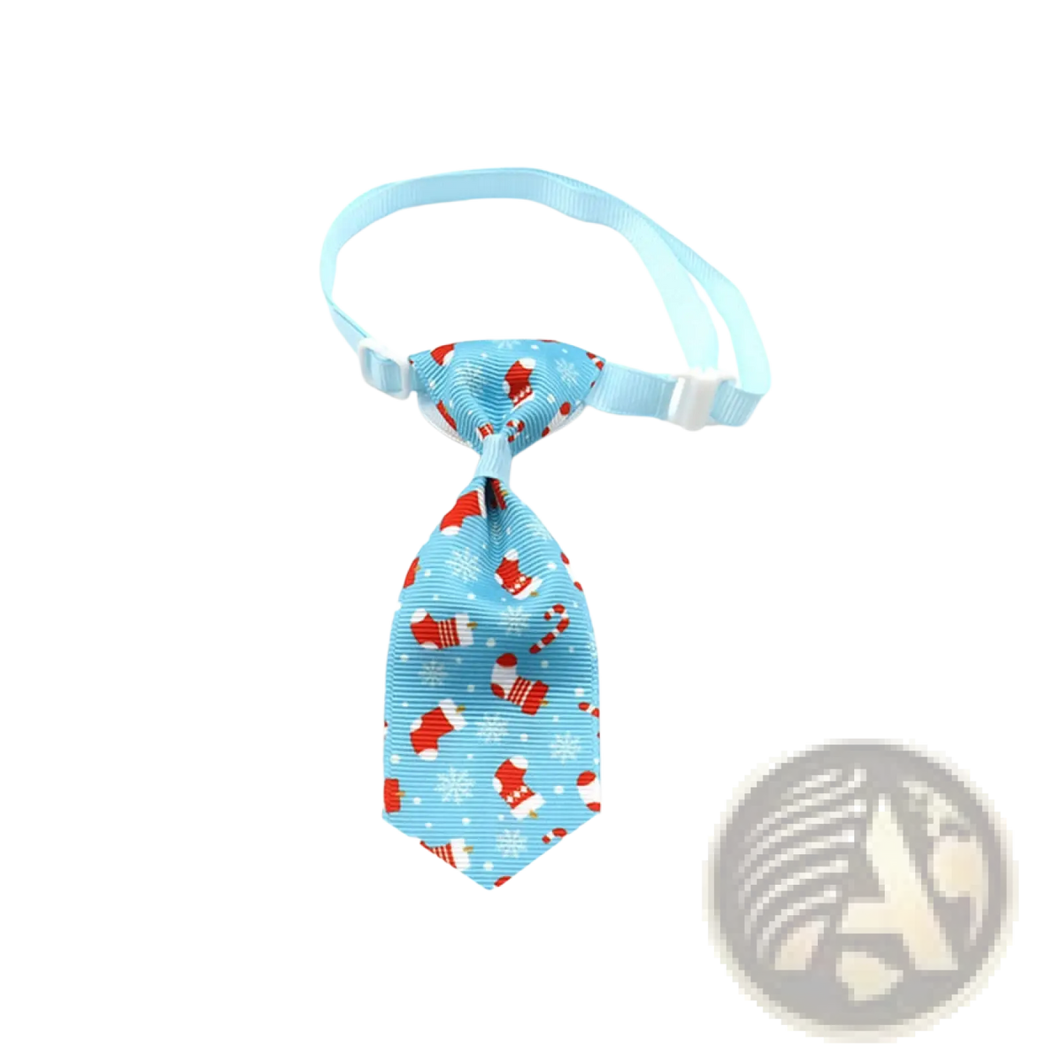 A light blue adjustable christmas dog tie with red and white holiday patterns for festive pet neckwear