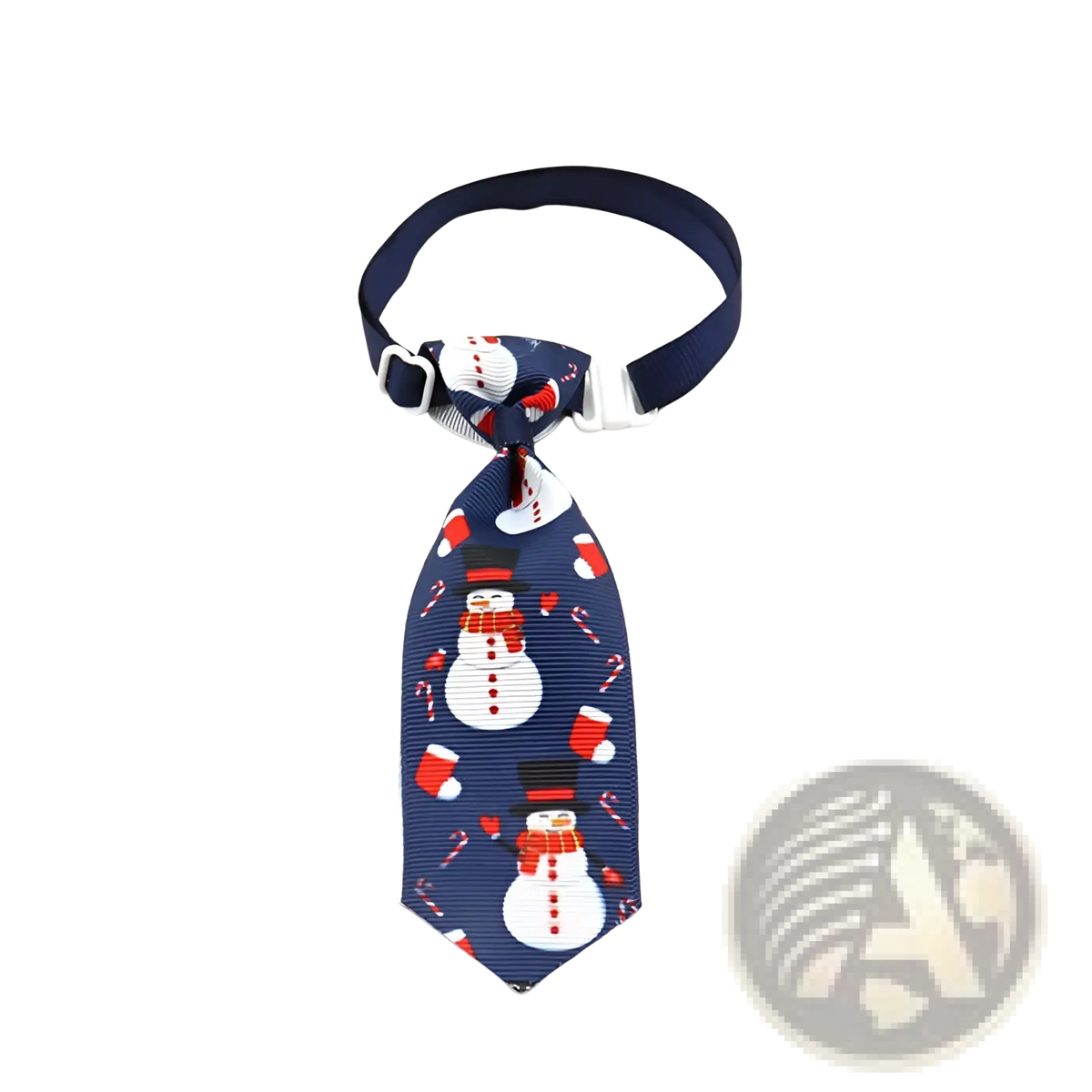 A navy blue adjustable Christmas dog tie featuring festive snowmen with top hats scarves candy canes and mittens