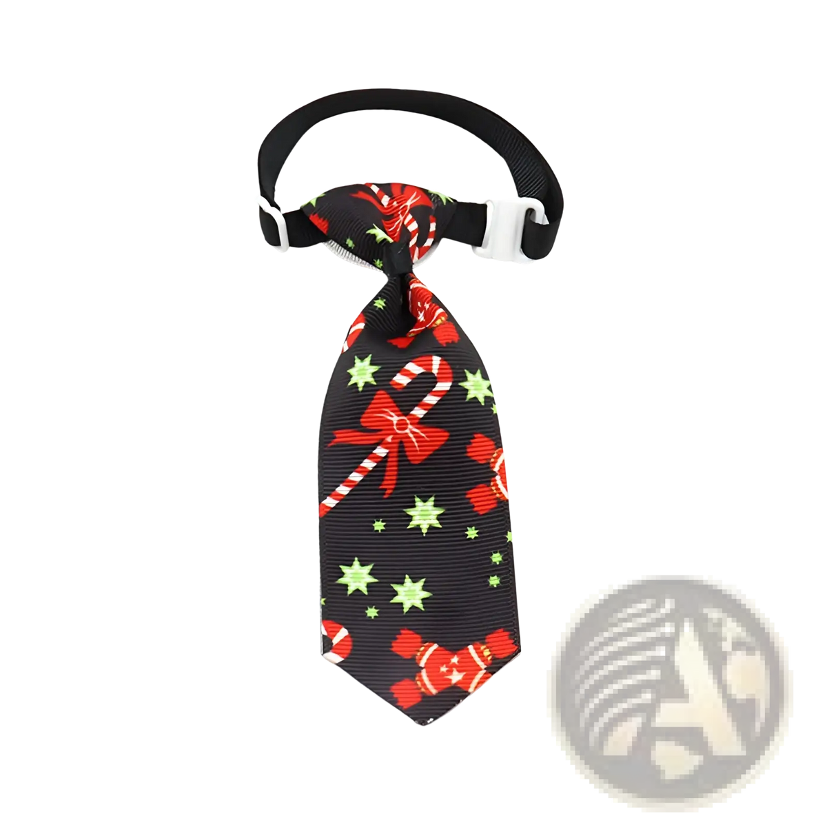 Black christmas dog tie with red candy canes bows and green stars on ribbed fabric with adjustable strap and white clasps