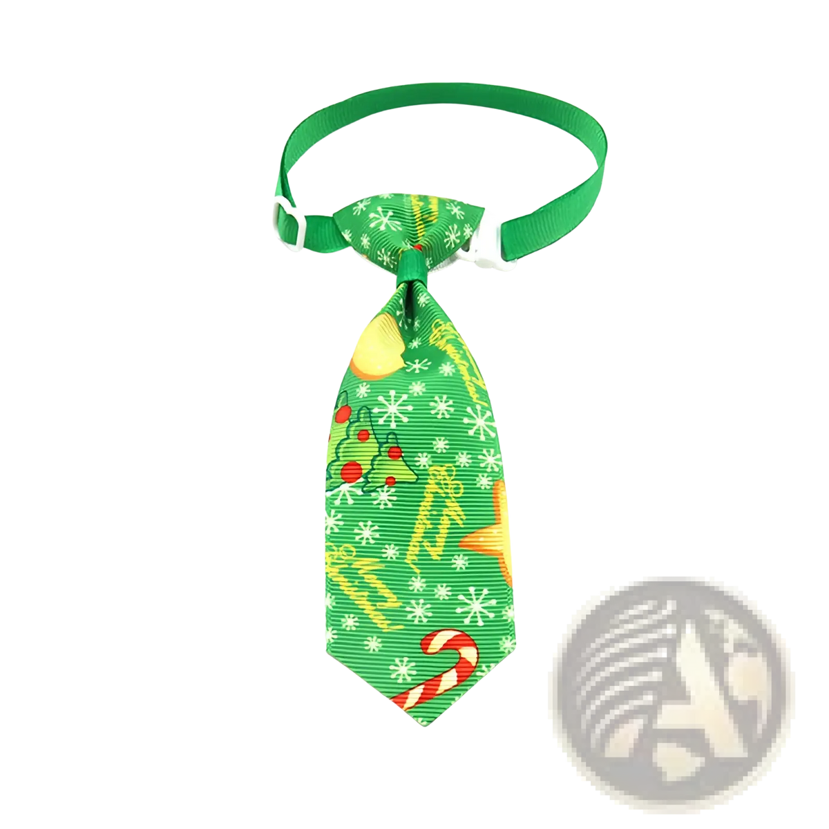 Green adjustable christmas dog tie with festive snowflakes candy canes and ornaments on ribbon neckwear