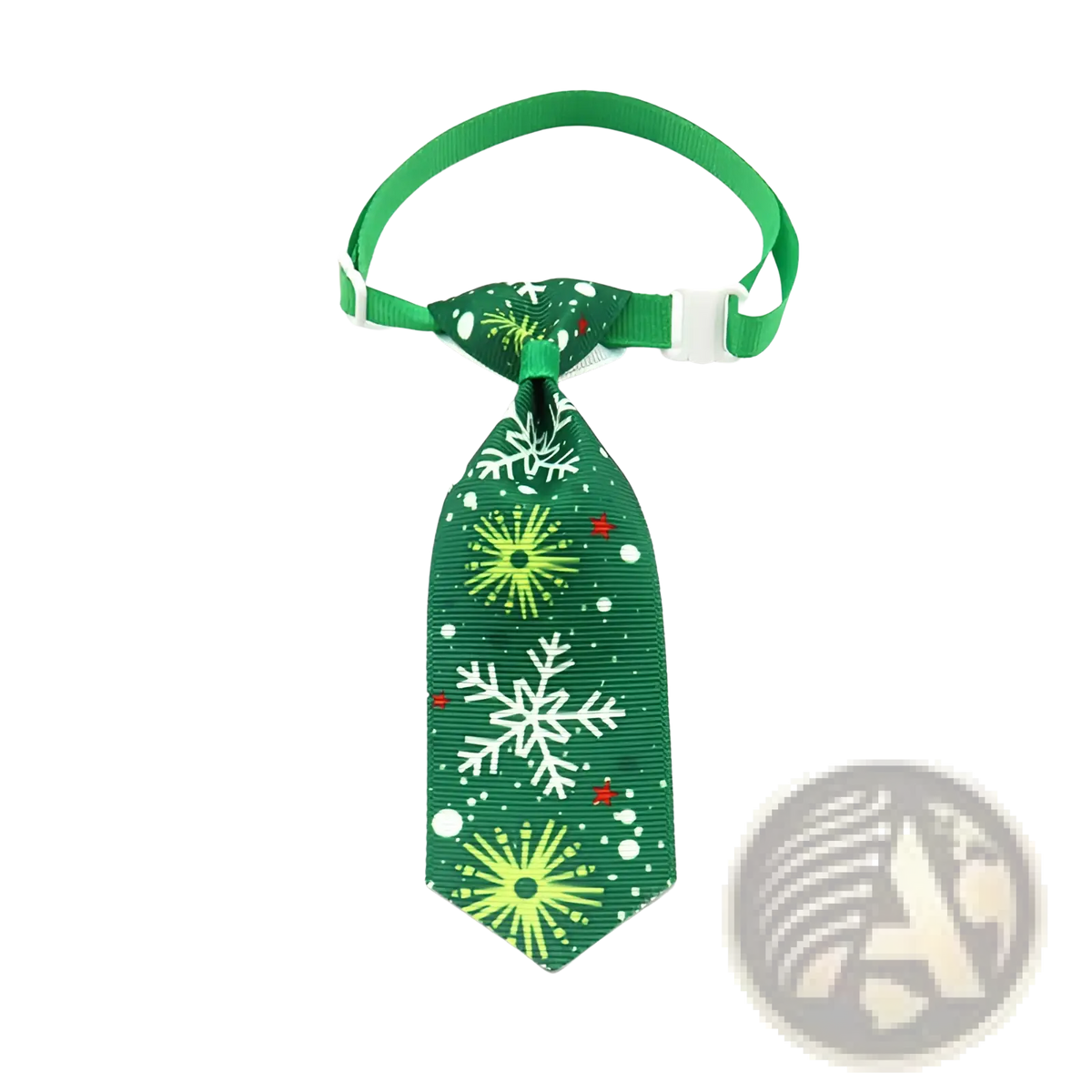 Green ribbon dog tie with white snowflakes yellow starburst and red dots festive holiday pet neckwear adjustable