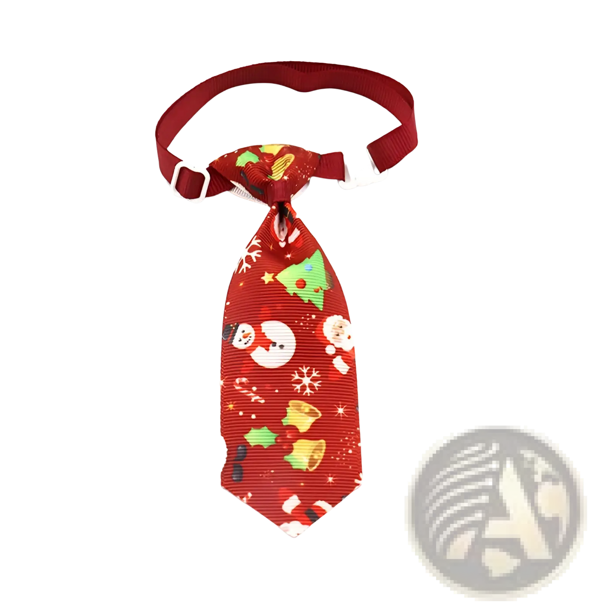 Red christmas dog tie made of ribbed fabric with snowmen santa claus and holiday ornaments festive pet neckwear