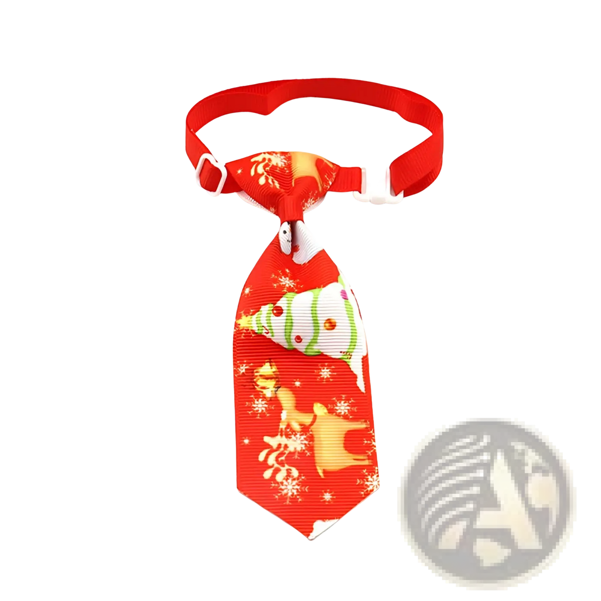Red christmas dog tie made of ribbed fabric with festive reindeer tree and snowflake patterns adjustable neckwear