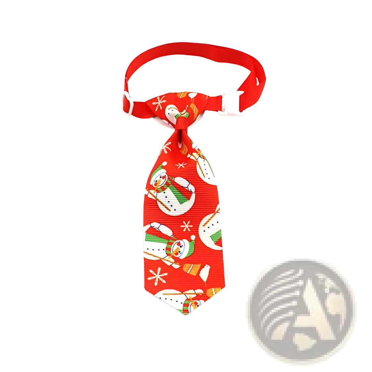 Red christmas dog tie featuring snowman and snowflake patterns with adjustable festive holiday pet neckwear