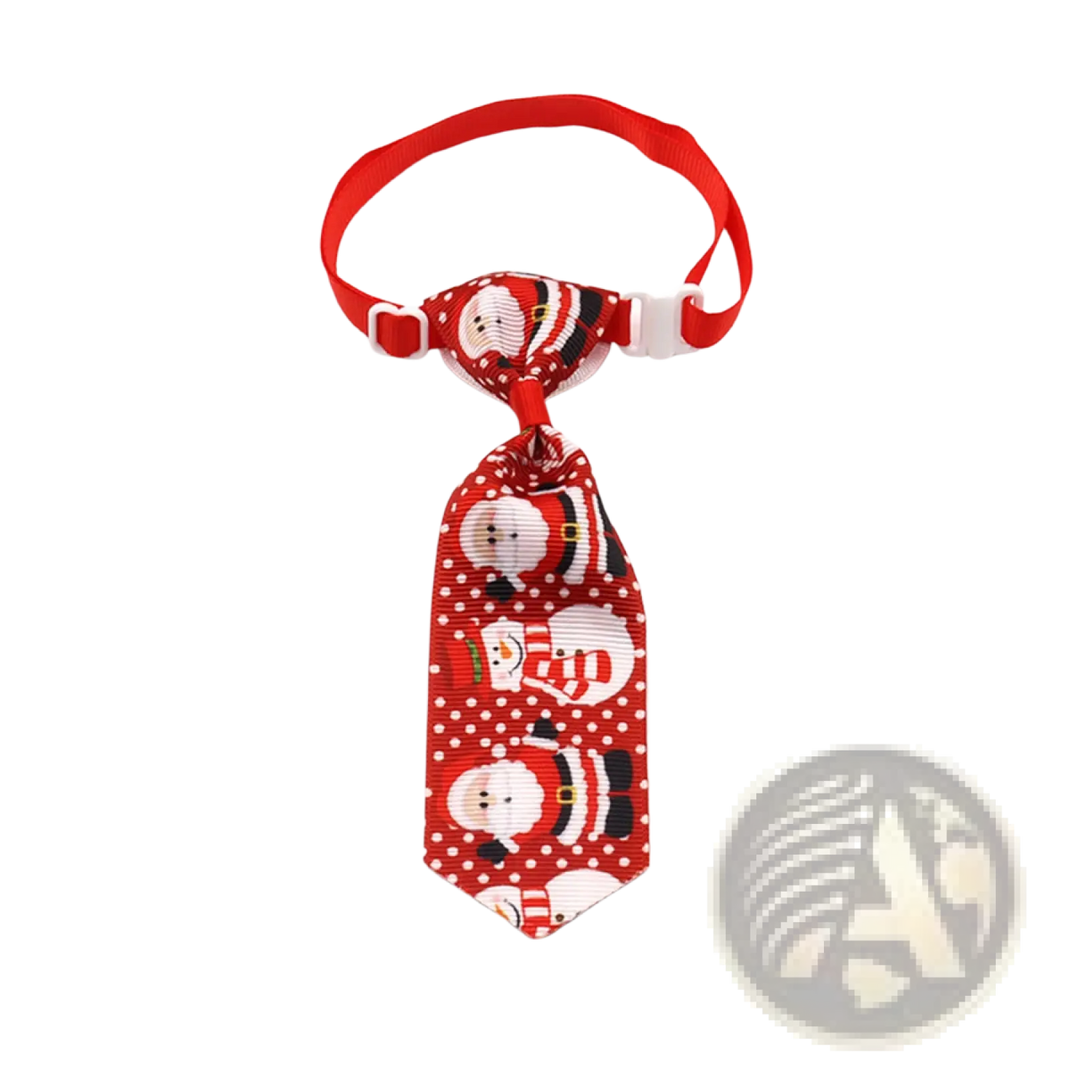 Red adjustable dog tie with festive santa and snowman patterns on a polka dot background for holiday wear