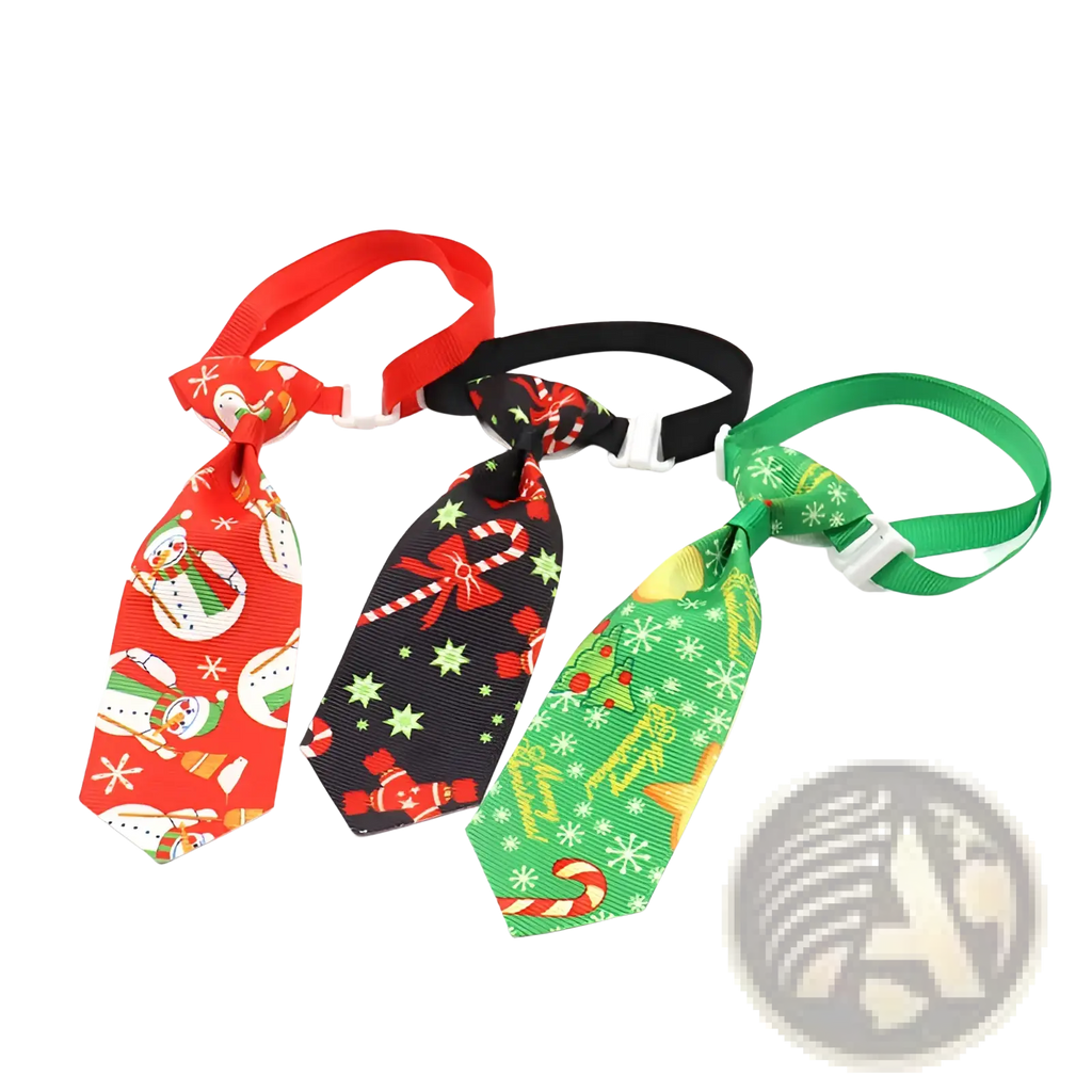 Three festive christmas dog ties with red snowmen black candy cane bows and green holly patterns on adjustable elastic bands