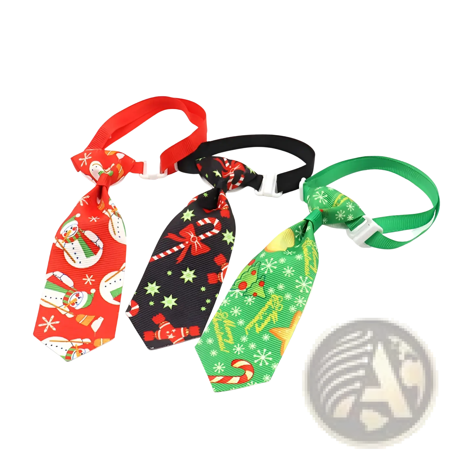 Three festive christmas dog ties with red snowmen black candy cane bows and green holly patterns on adjustable elastic bands