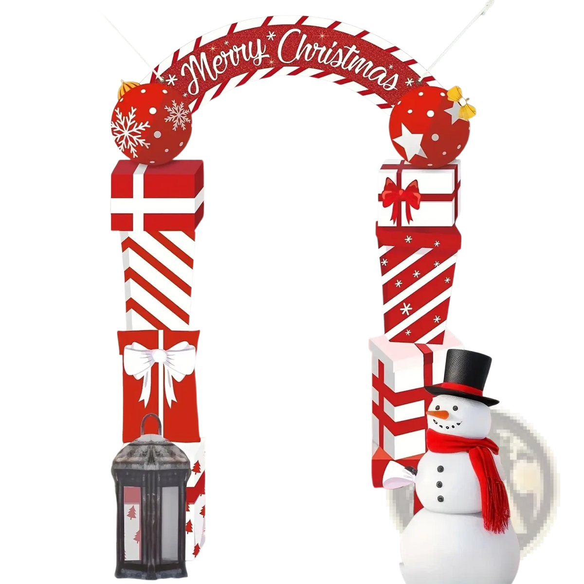 Red door banner holiday decoration featuring a festive wreath and oversized red and white striped gift box accents