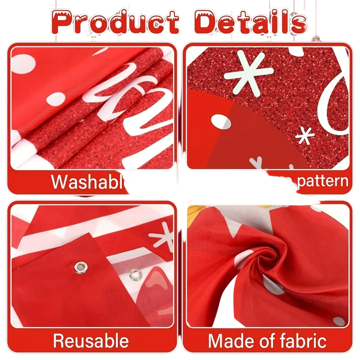 Red fabric christmas door banner with white snowflake candy cane patterns glittery texture and reinforced grommets