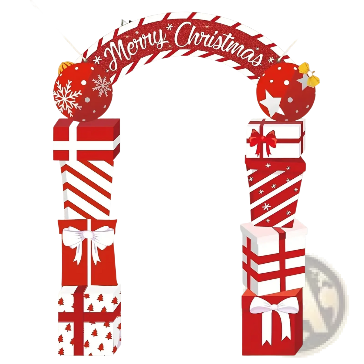 Christmas door banner holiday decoration with red and white striped arch merry christmas script and red snowflake ornaments