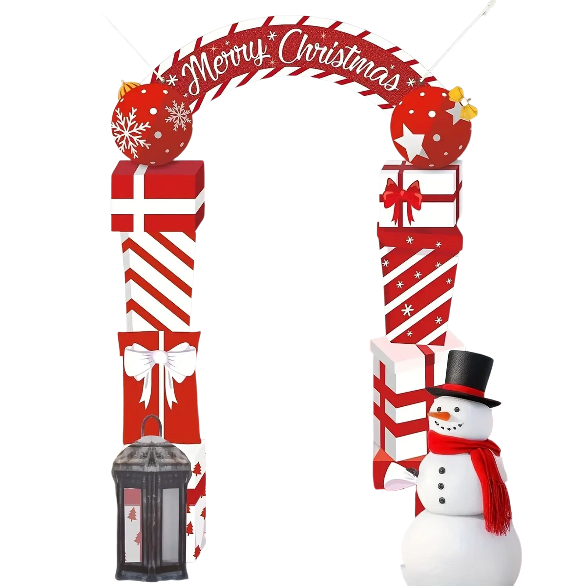 Red door banner holiday decoration featuring a festive wreath and oversized red and white striped gift box accents