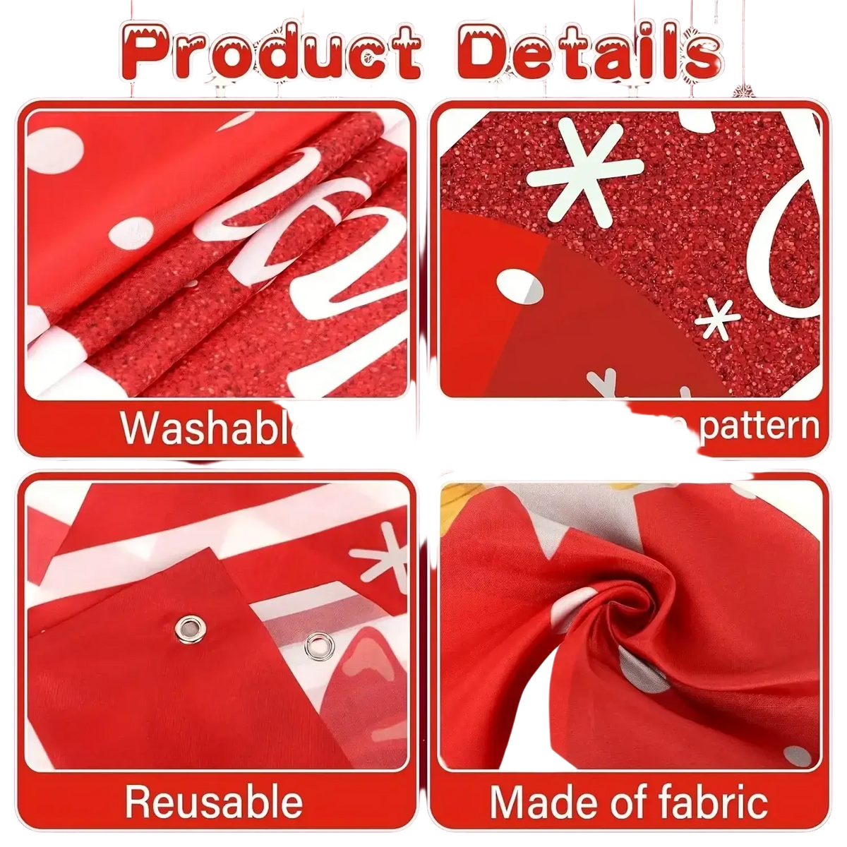 Red fabric christmas door banner with white snowflake polka dot pattern and glittery texture for holiday decoration
