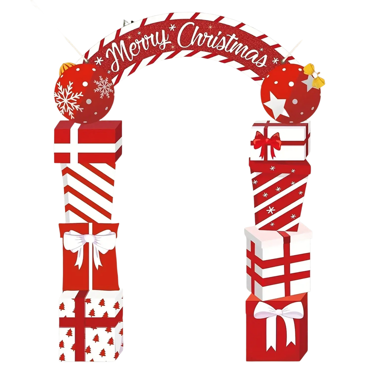 Christmas door banner holiday decoration with red and white striped arch merry christmas script and red snowflake ornaments