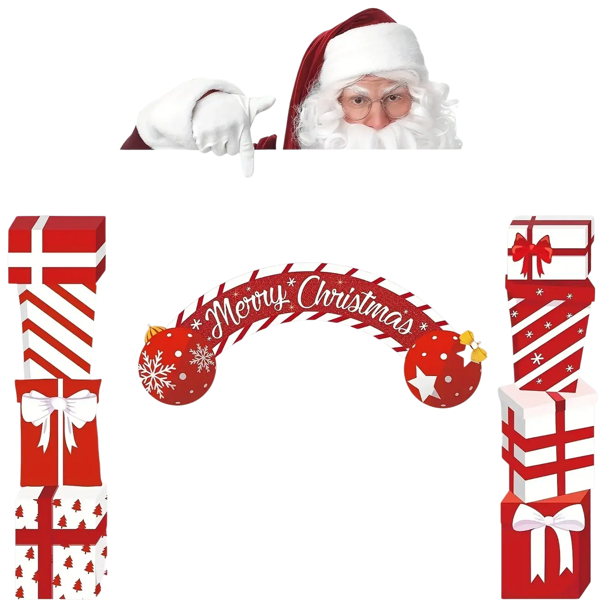 Christmas door banner holiday decoration featuring a red and white striped merry christmas arch with snowflake and star ornaments