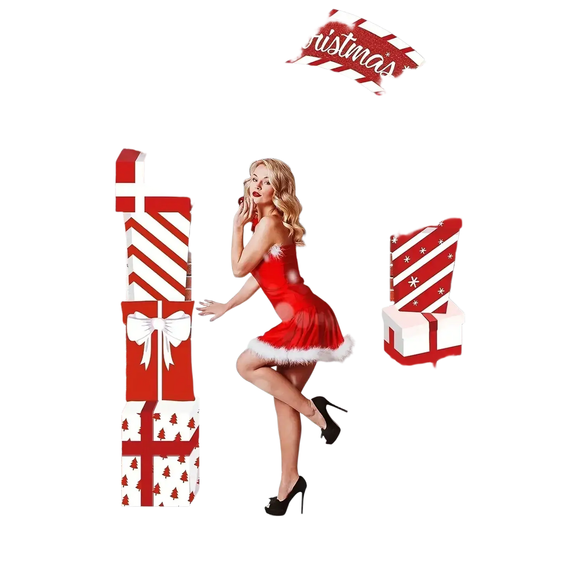 A woman in a red santa-themed dress with white fur trim and black heels stands by a christmas door banner decoration