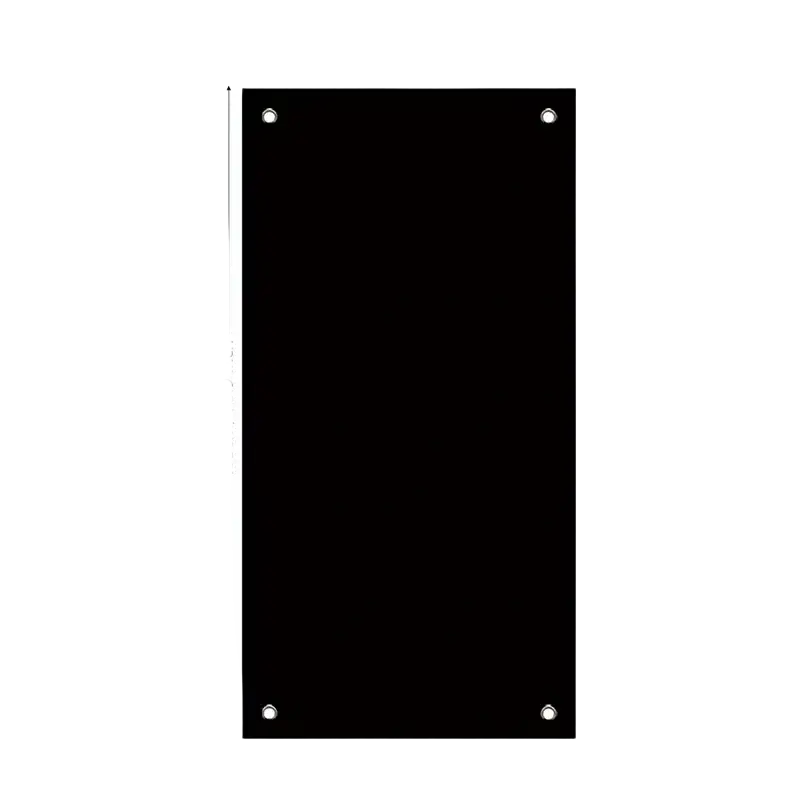 Black rectangular banner with four silver grommets shown on back side of christmas door wreath with bells and red bow