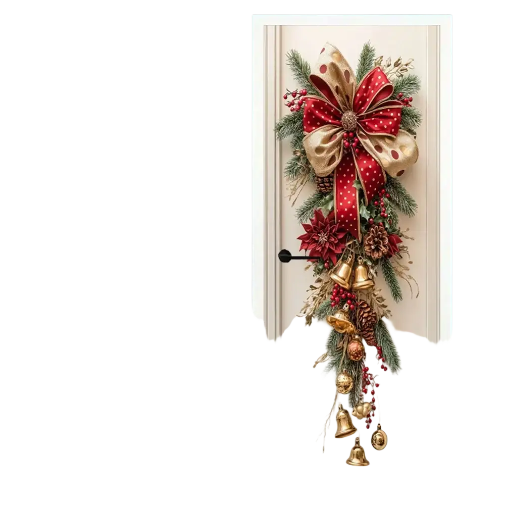 Christmas door wreath with bells featuring a large red and gold polka dot bow, pine branches, poinsettias, and ornaments