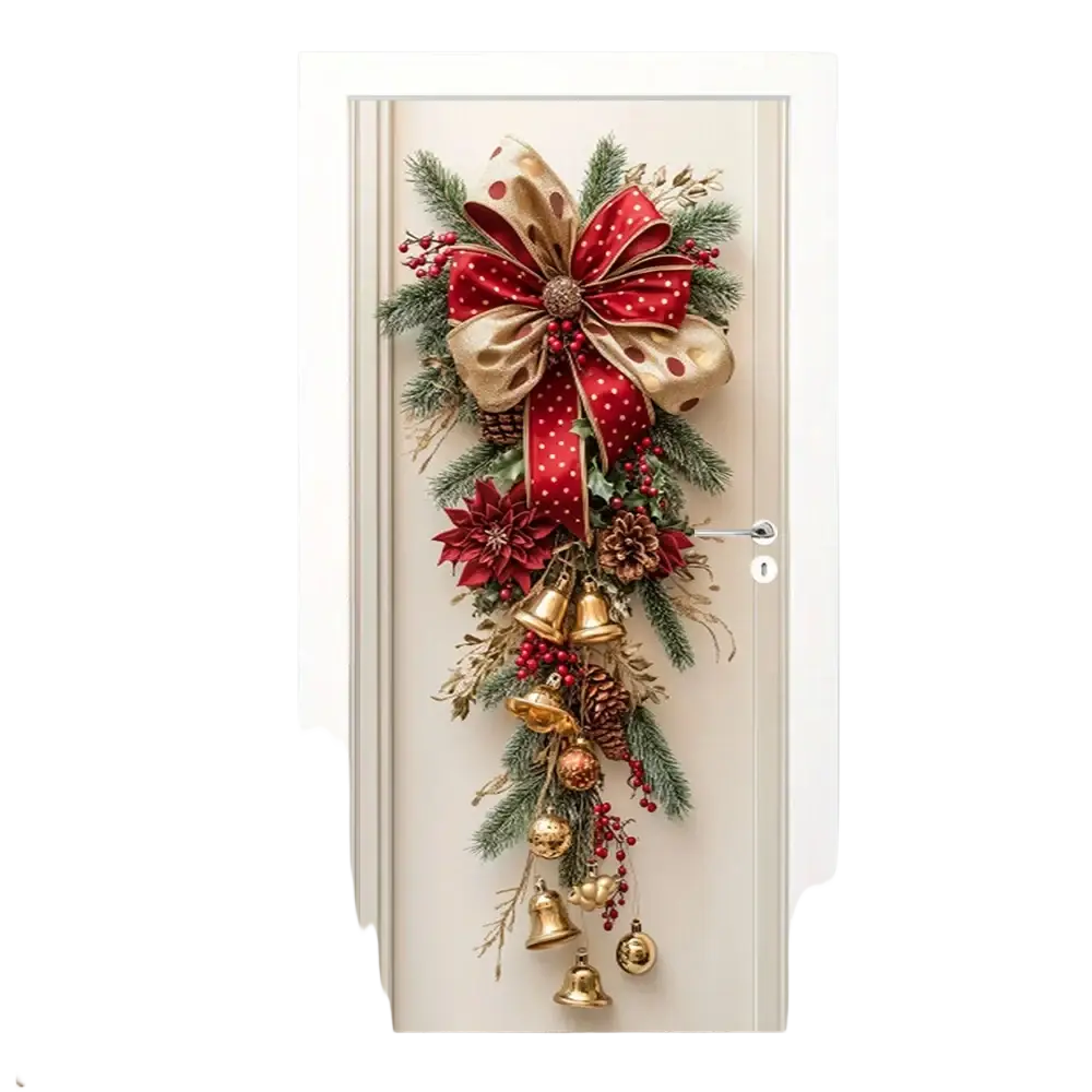 Christmas door wreath with bells and red bow featuring pine branches poinsettias pinecones and gold polka dot ribbon