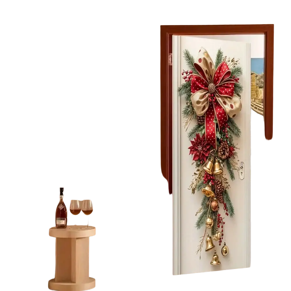 Christmas door wreath with bells and red bow featuring festive red and gold decorations pine branches and ornaments