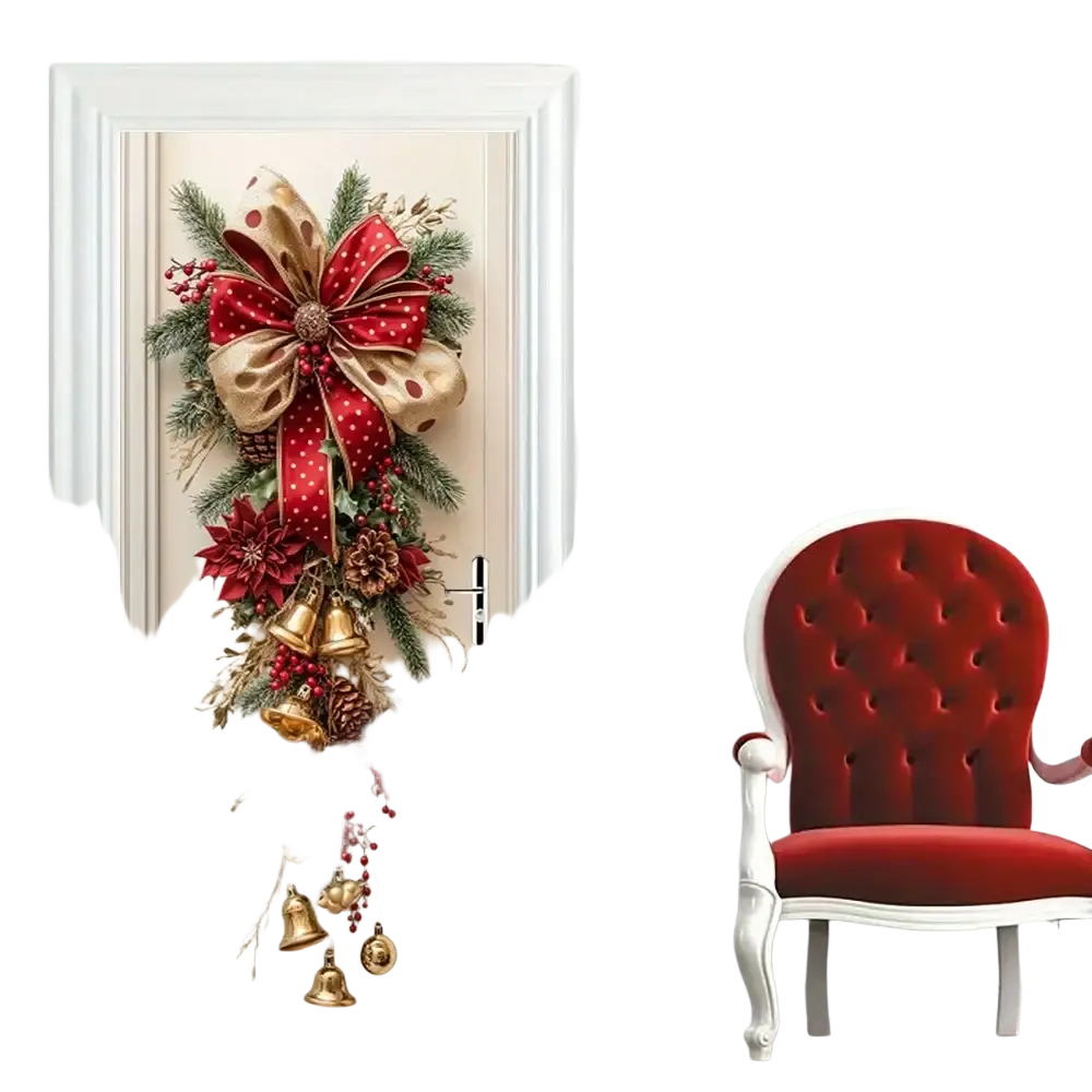 Christmas door wreath with bells and red bow featuring festive pine branches poinsettias pinecones and gold accents