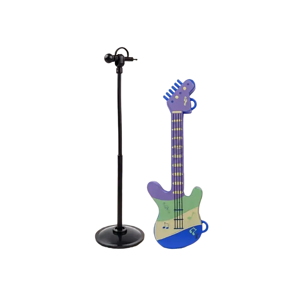 A colorful plastic toy electric guitar with purple and green sections in a christmas elf decoration set holiday village