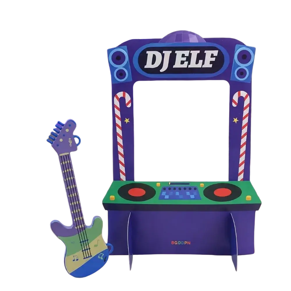 Purple cardboard christmas elf decoration set arcade game stand with candy cane sides in holiday village display