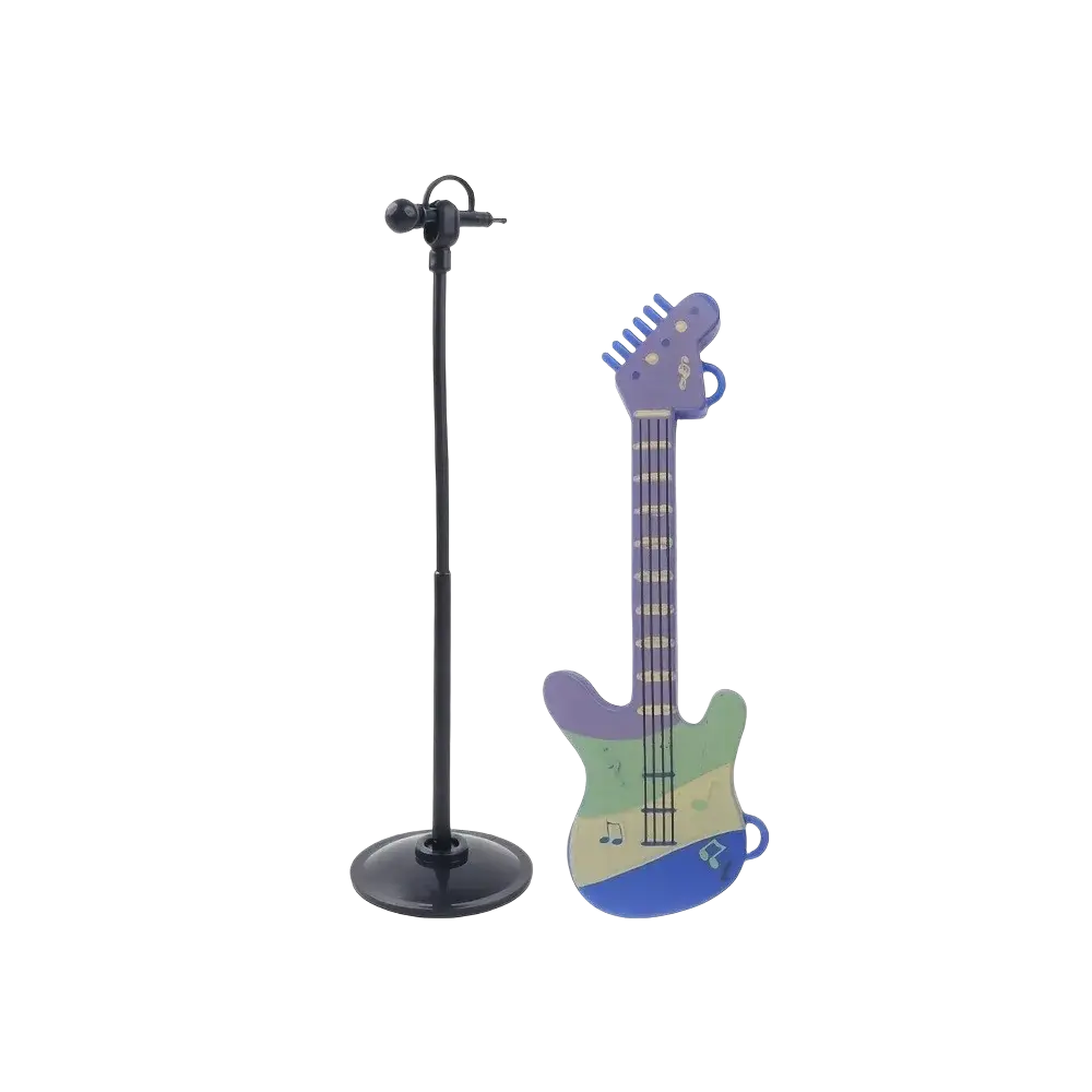 Purple and green gradient toy guitar with blue accents and musical note decals in christmas elf decoration set holiday village