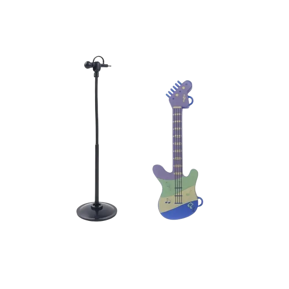 Purple and green toy guitar with blue base and musical note decals in christmas elf decoration set holiday village