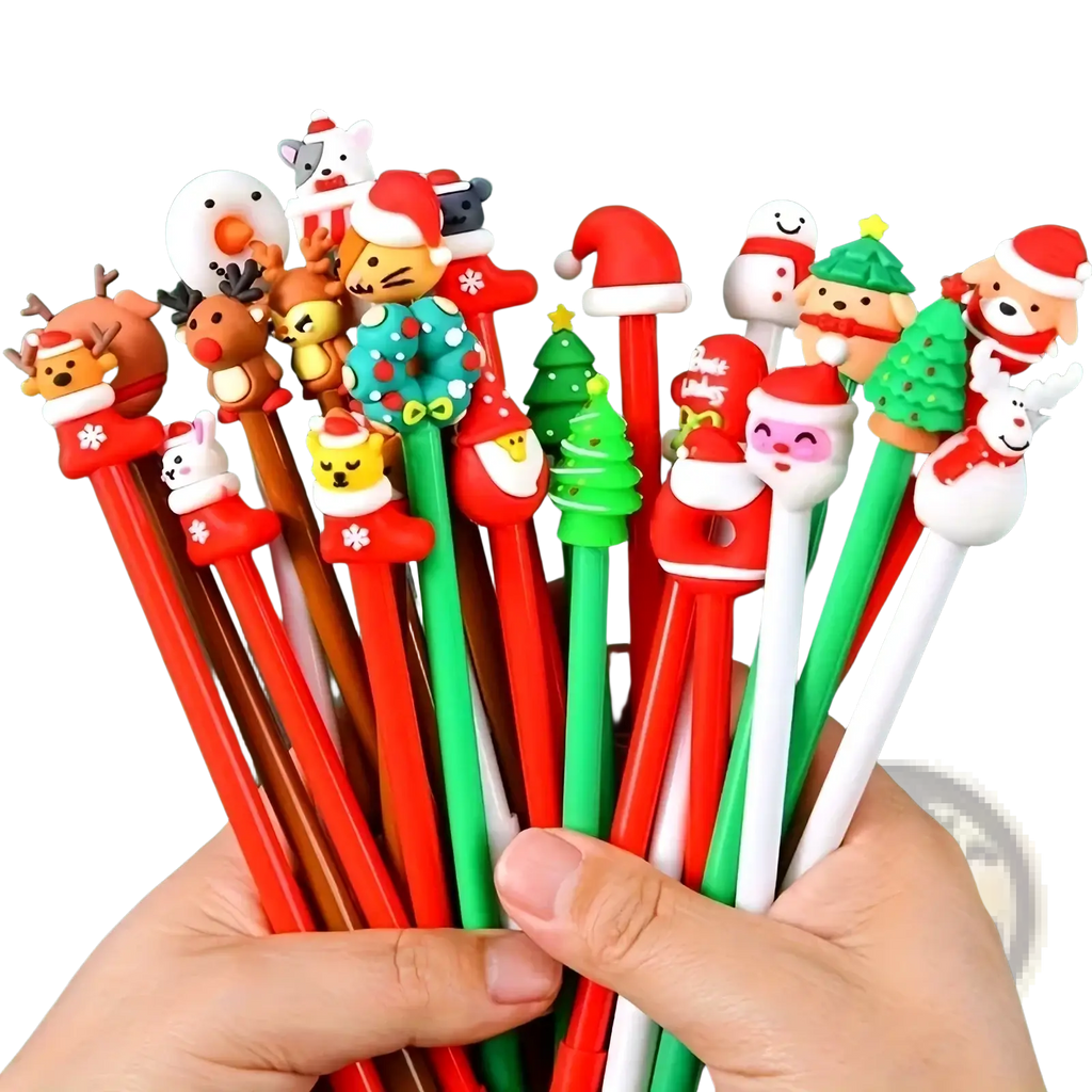Christmas gel pens 12 pack featuring festive plush character tops with santa claus reindeer snowmen and holiday trees