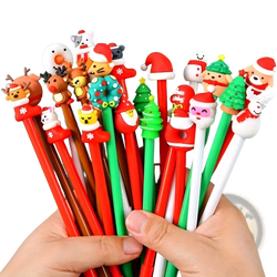 Christmas gel pens 12 pack featuring festive plush character tops with santa claus reindeer snowmen and holiday trees
