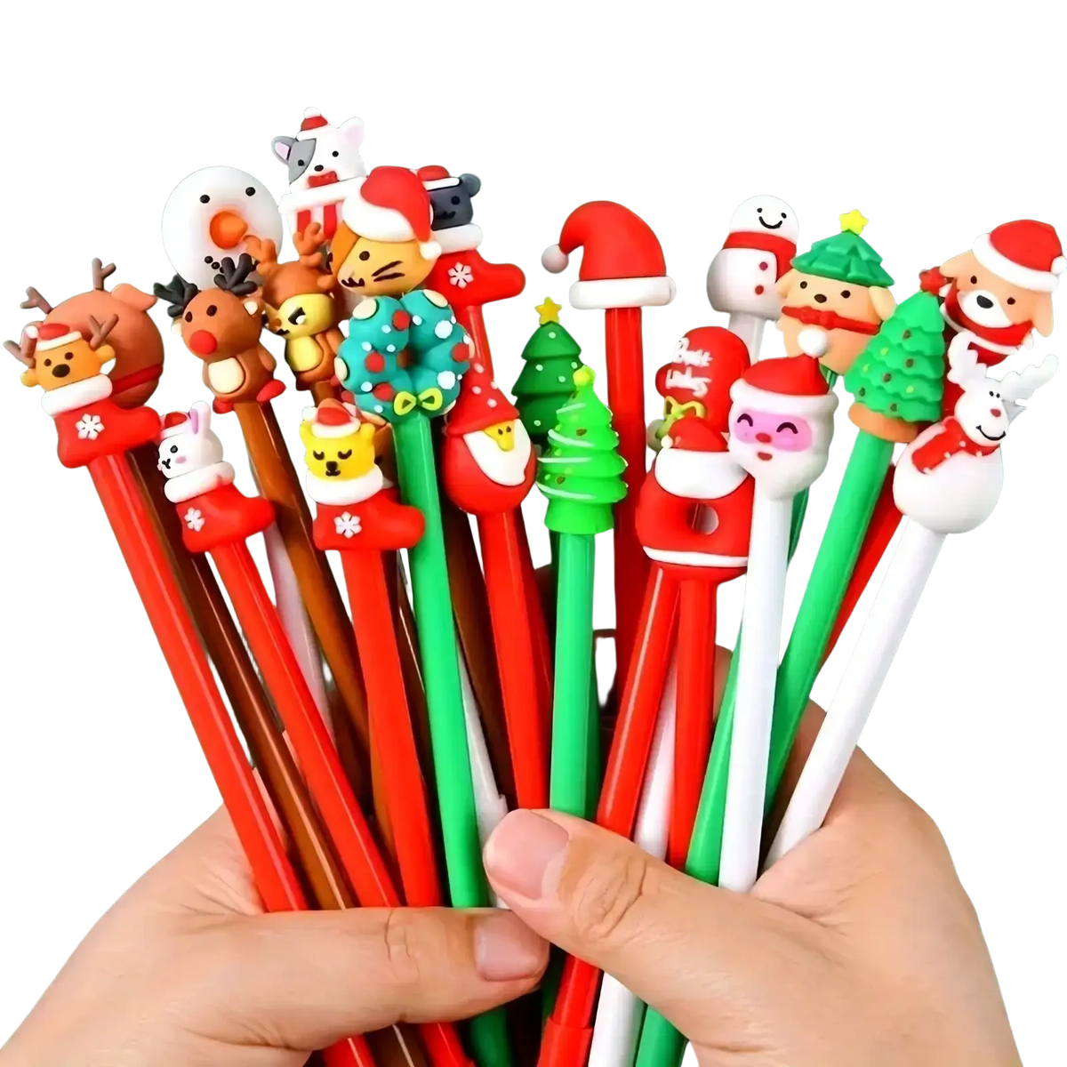 A 12 pack of colorful christmas gel pens with festive holiday plastic figurines on top for seasonal stationery use