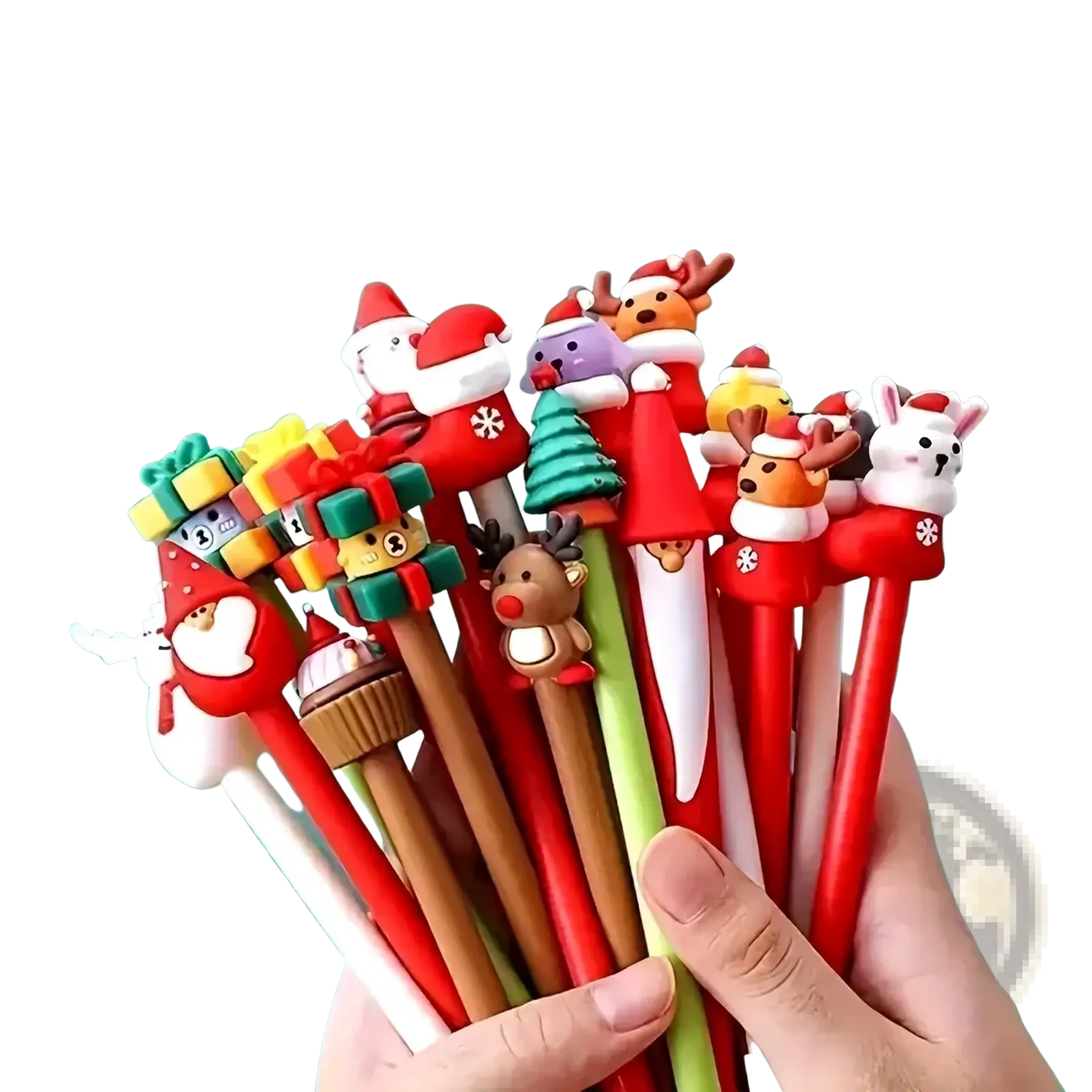 Christmas gel pens 12 pack featuring festive colorful gel ink with plush santa claus reindeer and holiday gift toppers