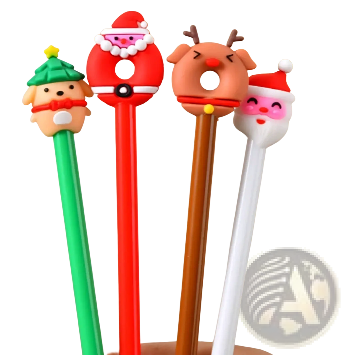 Four festive colorful plastic christmas gel pens with santa claus reindeer puppy and smooth cylindrical shafts