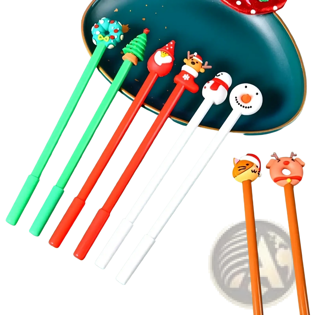A set of colorful christmas gel pens 12 pack with festive santa snowmen reindeer and tree character tops