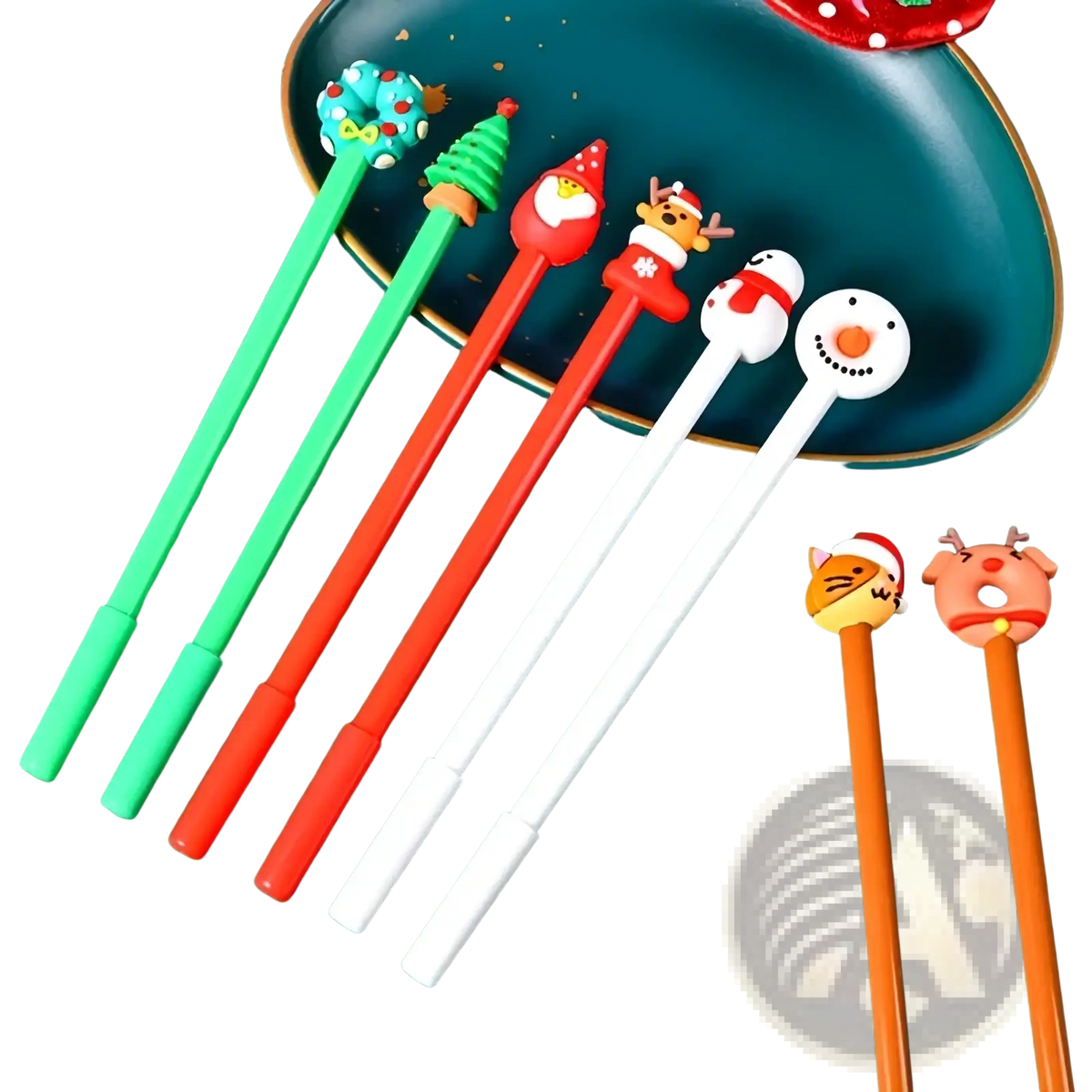 A set of colorful christmas gel pens 12 pack with festive santa snowmen reindeer and tree character tops