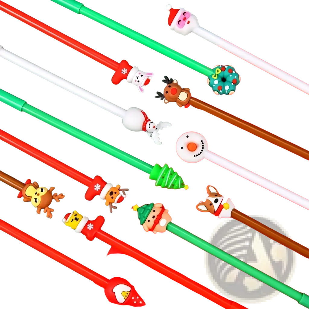Christmas gel pens 12 pack with colorful plastic holiday character charms for festive seasonal stationery use