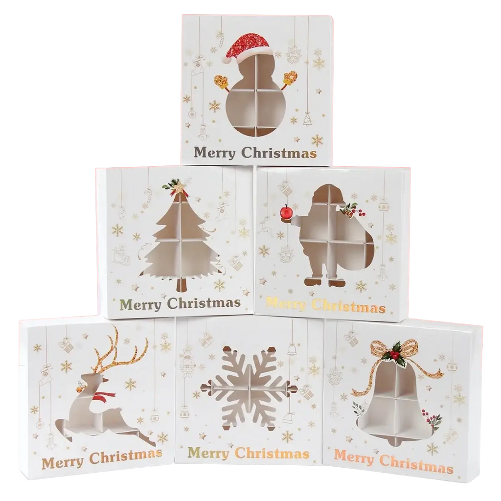 White christmas-themed gift box with cut-out snowman reindeer tree sleigh and bell designs for cookie packaging