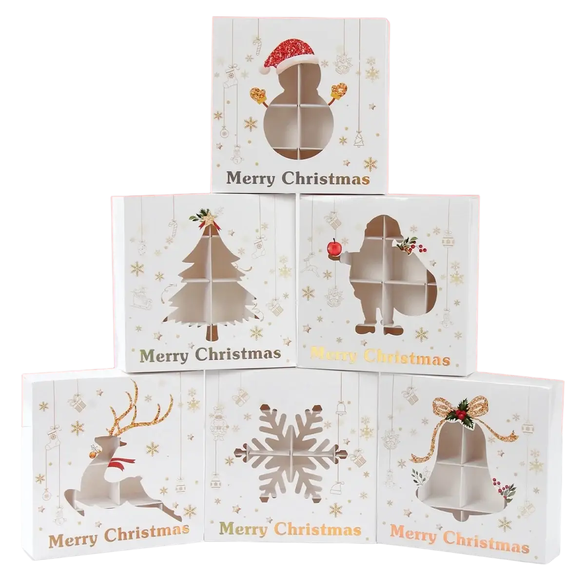 White christmas-themed gift box with cut-out snowman reindeer tree sleigh and bell designs for cookie packaging