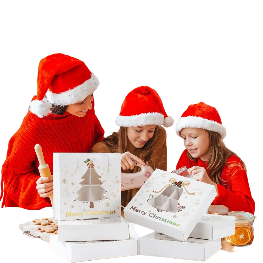 White christmas-themed gift box with festive holiday designs and merry christmas text for cookie packaging