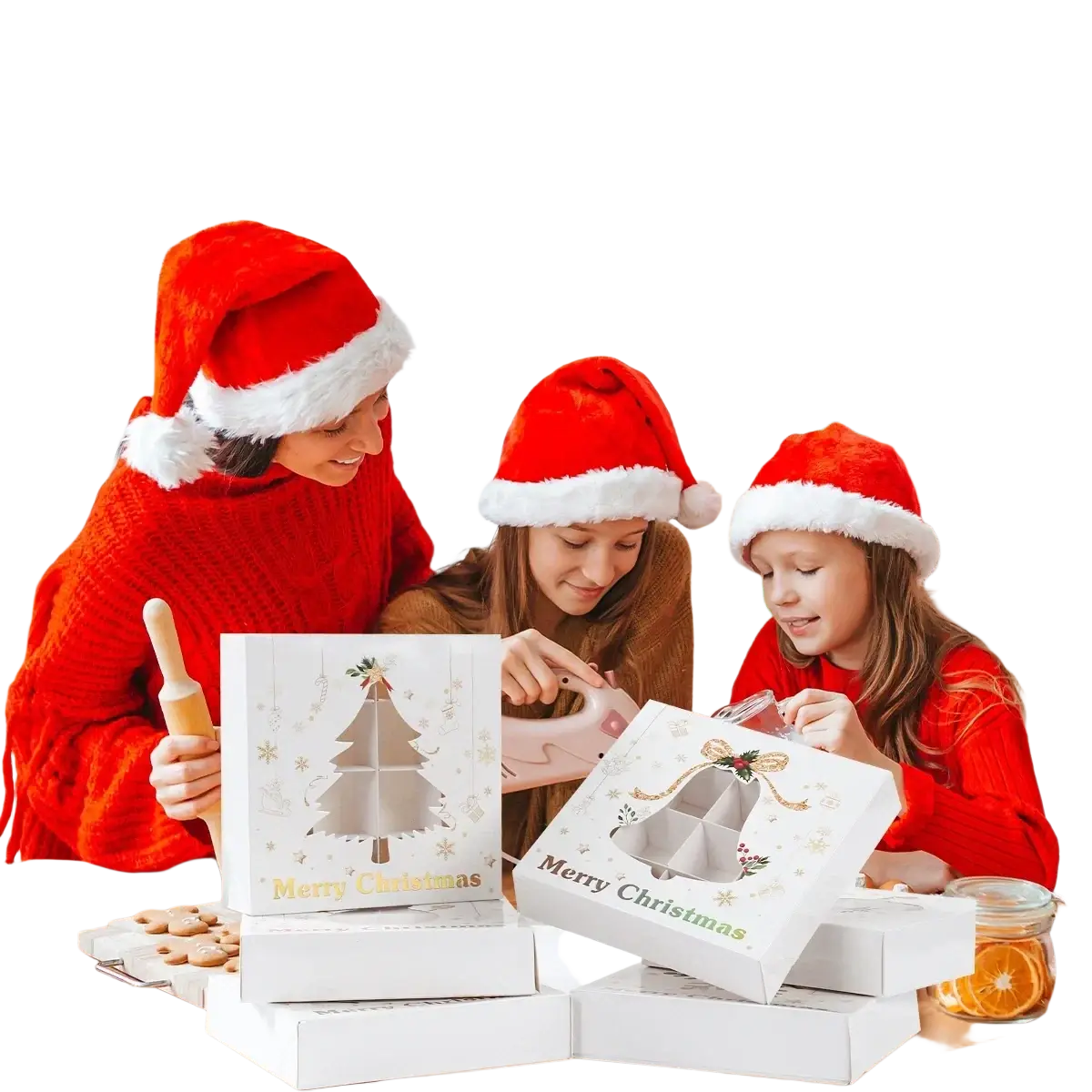 White christmas-themed gift box with festive holiday designs and merry christmas text for cookie packaging