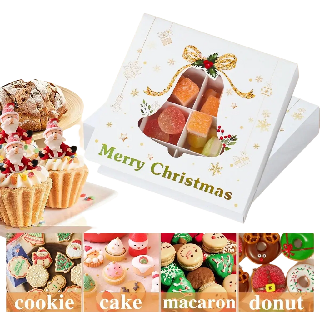 White christmas-themed gift box with gold ribbon and clear window displaying gummy candies in bell shape for cookies