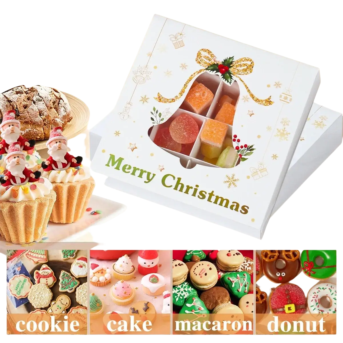 White christmas-themed gift box with gold ribbon and clear window displaying gummy candies in bell shape for cookies