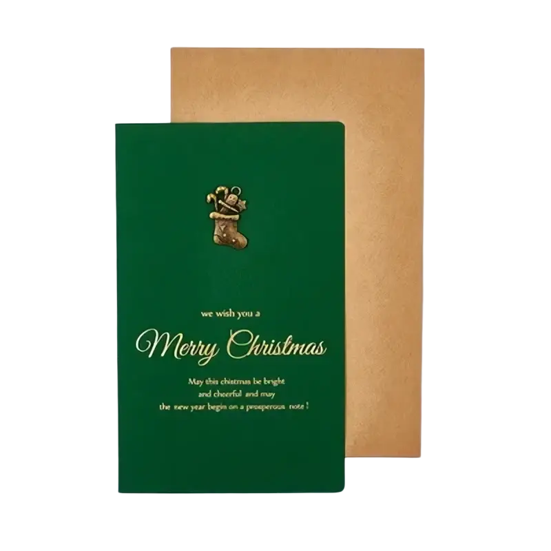 Green Christmas greeting card with gold foil lettering and golden boot embellishment in Christmas greeting cards set
