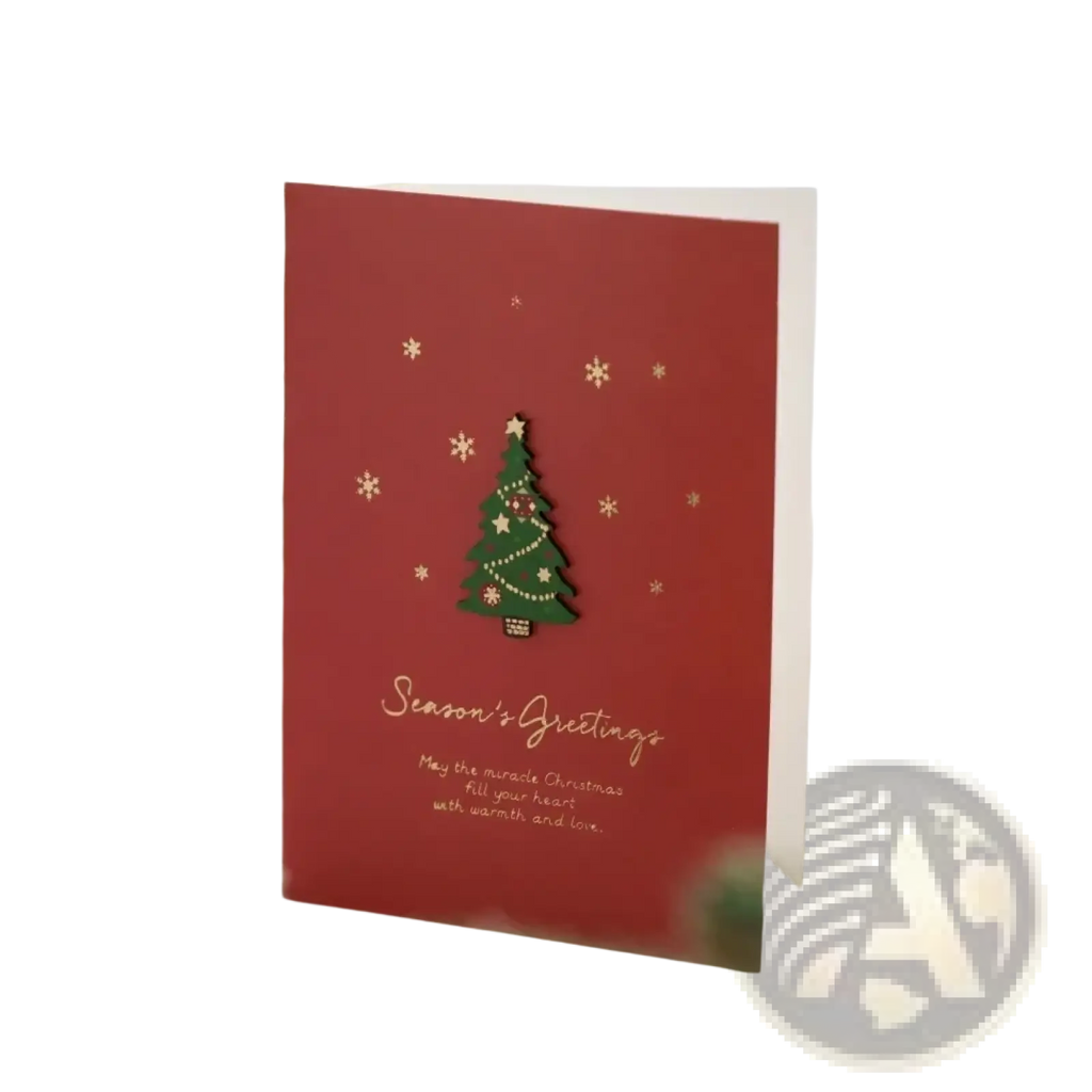 Red holiday card from christmas greeting cards set featuring green christmas tree gold snowflakes and seasons greetings text