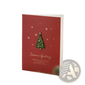 Red holiday card from christmas greeting cards set featuring green christmas tree gold snowflakes and seasons greetings text