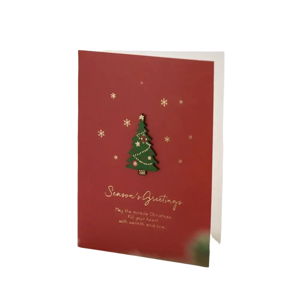 Red holiday card from christmas greeting cards set featuring green christmas tree gold snowflakes and seasons greetings text