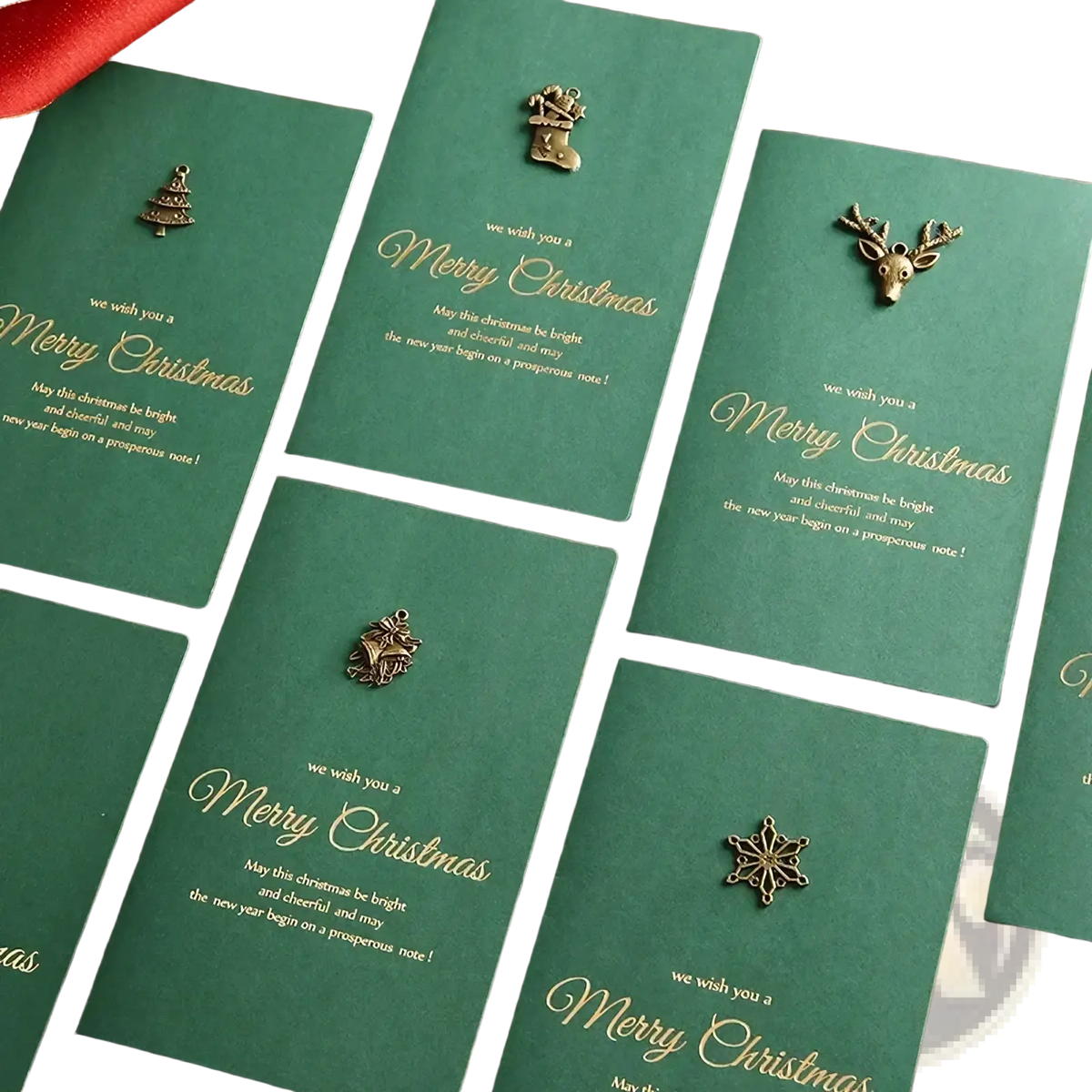 Teal christmas greeting cards set with gold foil lettering metallic charms and gold foil envelopes for holiday use