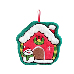 Christmas hanging hand towel in coral fleece with a plush red house pot holder featuring an embroidered snowman design