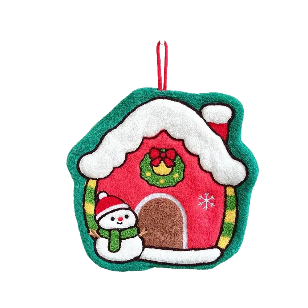 A plush red coral fleece christmas hanging hand towel with a snowman snow globe decor and white faux-fur roof